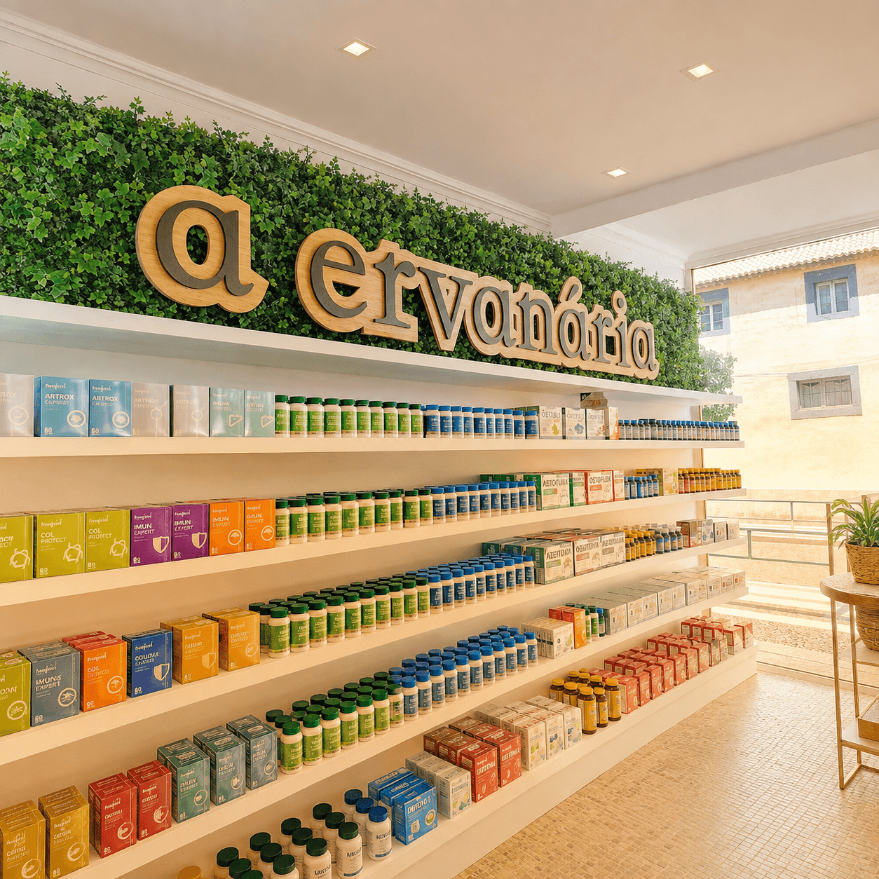 Interior da loja A Ervanária, com o nome completo da marca e produtos nas prateleiras